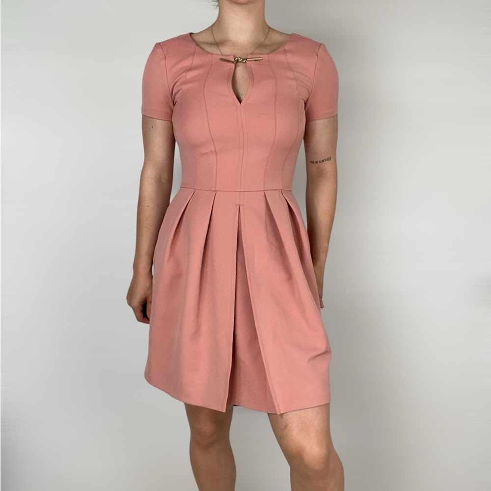 ATOS LOMBARDINI Short Sleeve‎ Fit & Flare Mini Dress Pleated Zip Pink Formal